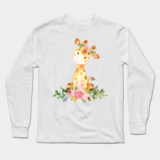 Cute Giraffe with Flowers Long Sleeve T-Shirt